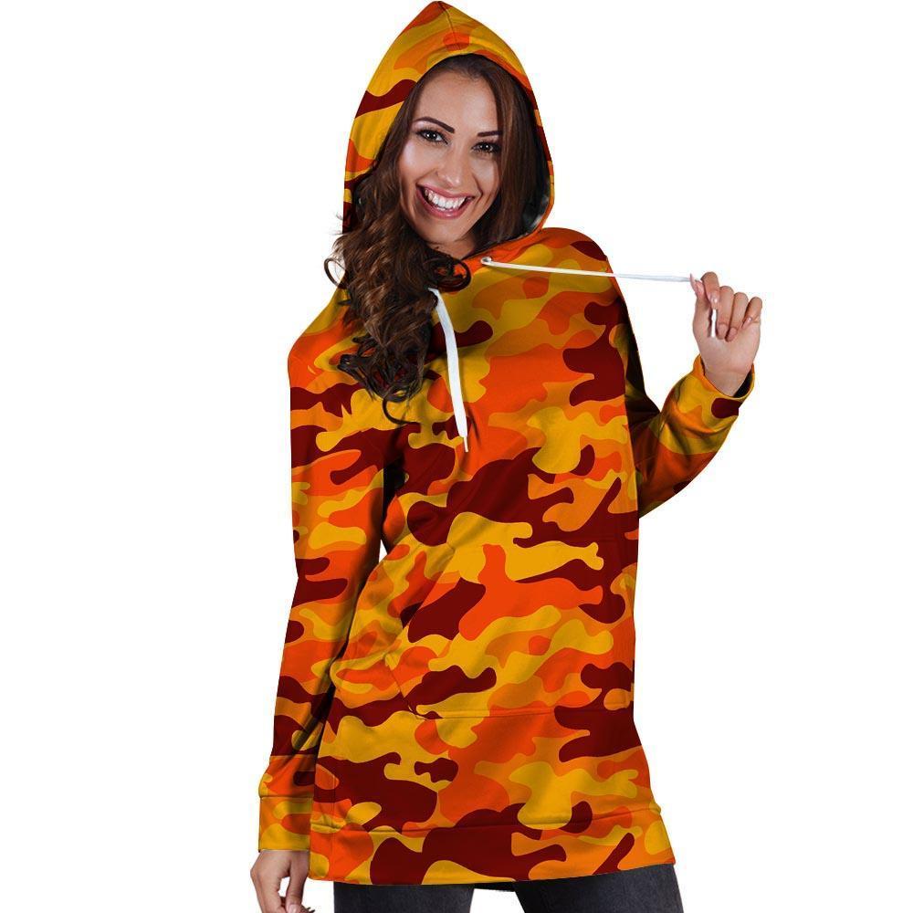 Orange Camo Print Hoodie Dress-grizzshop
