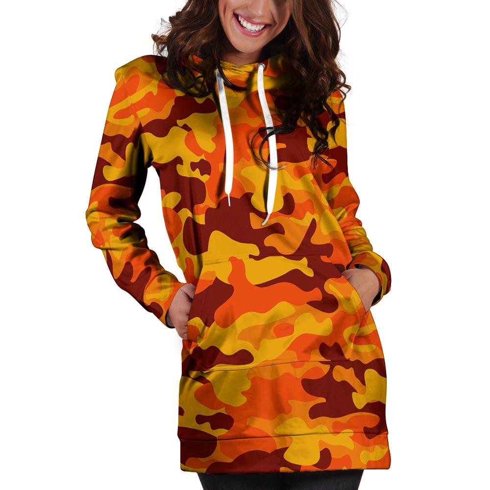 Orange Camo Print Hoodie Dress-grizzshop