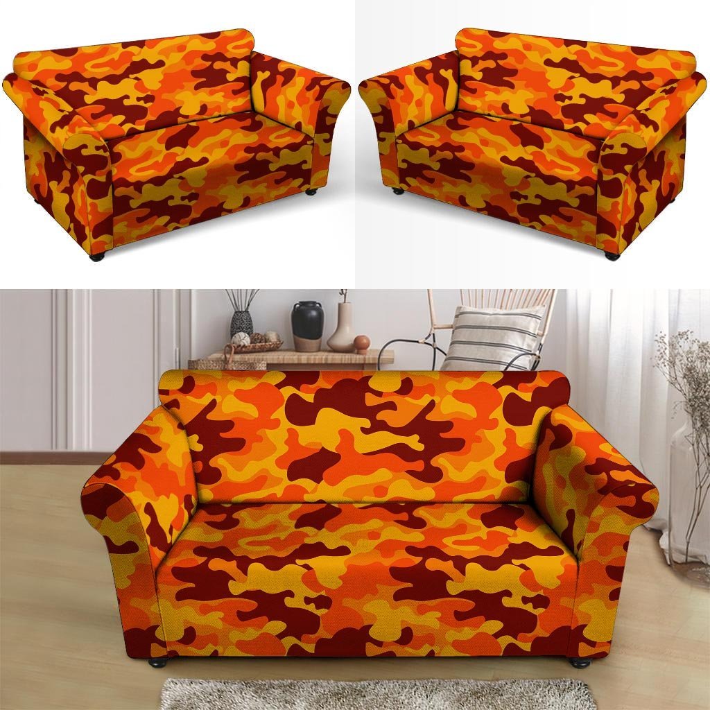 Orange Camo Print Loveseat Cover-grizzshop