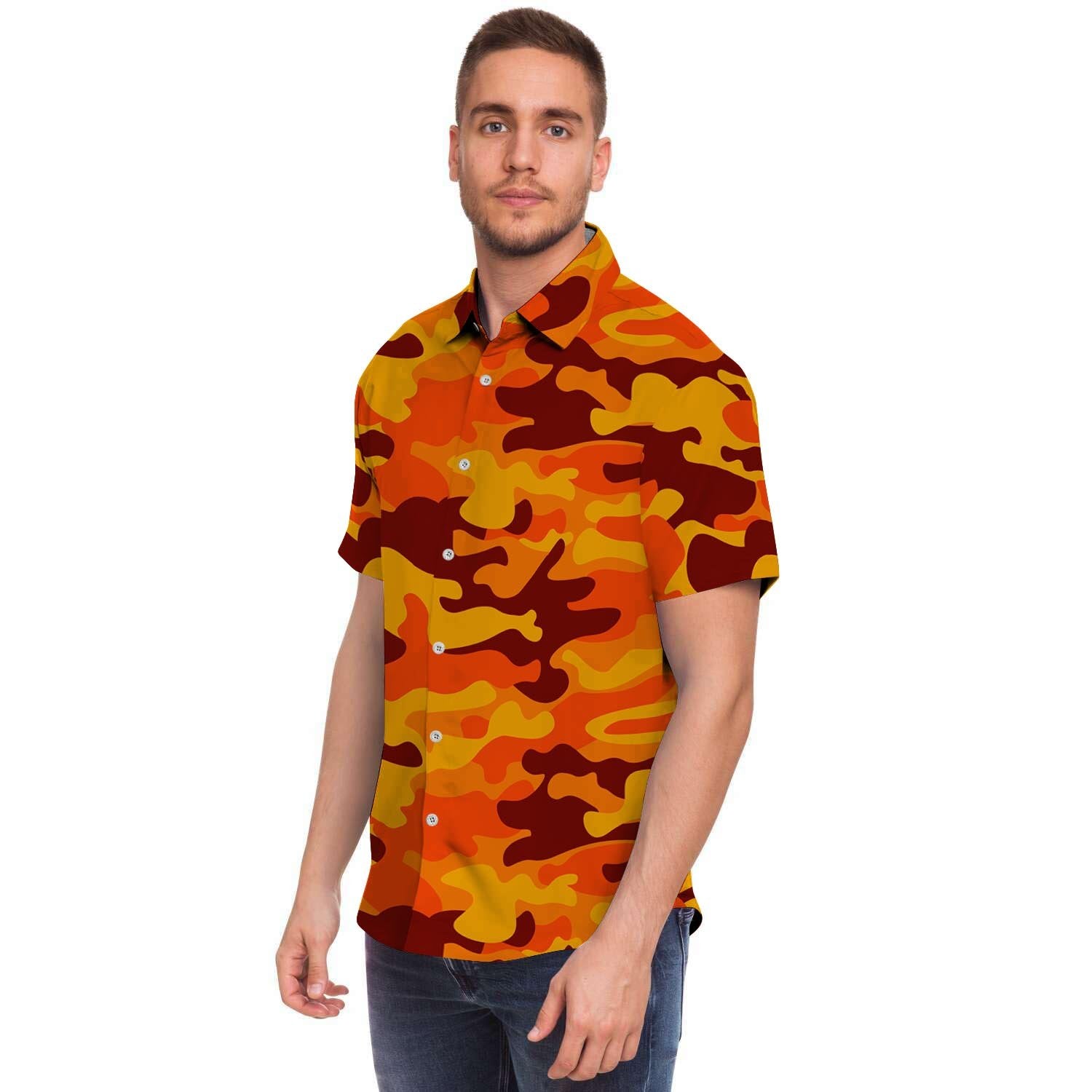 Orange Camo Print Men's Short Sleeve Shirt-grizzshop
