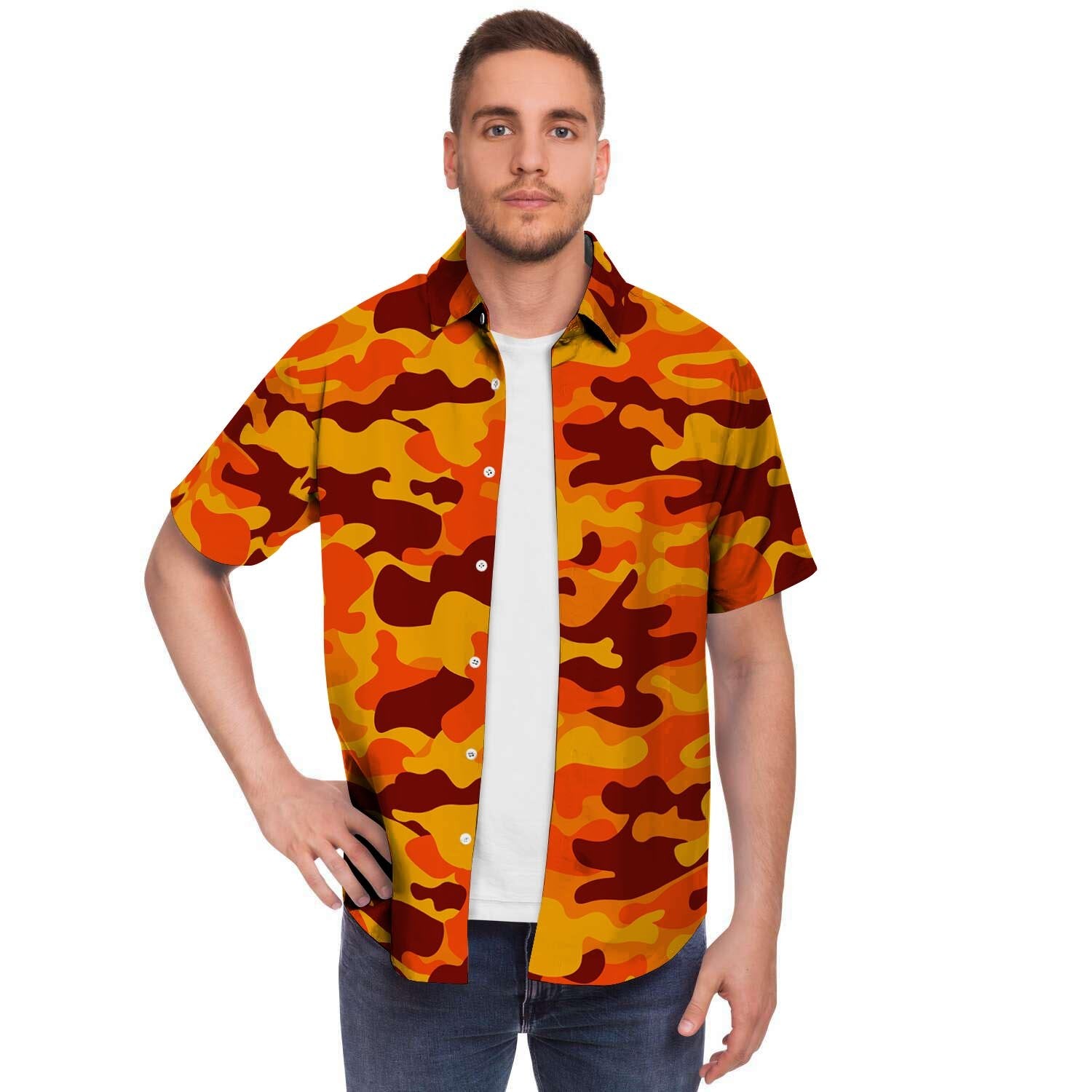 Orange Camo Print Men's Short Sleeve Shirt-grizzshop
