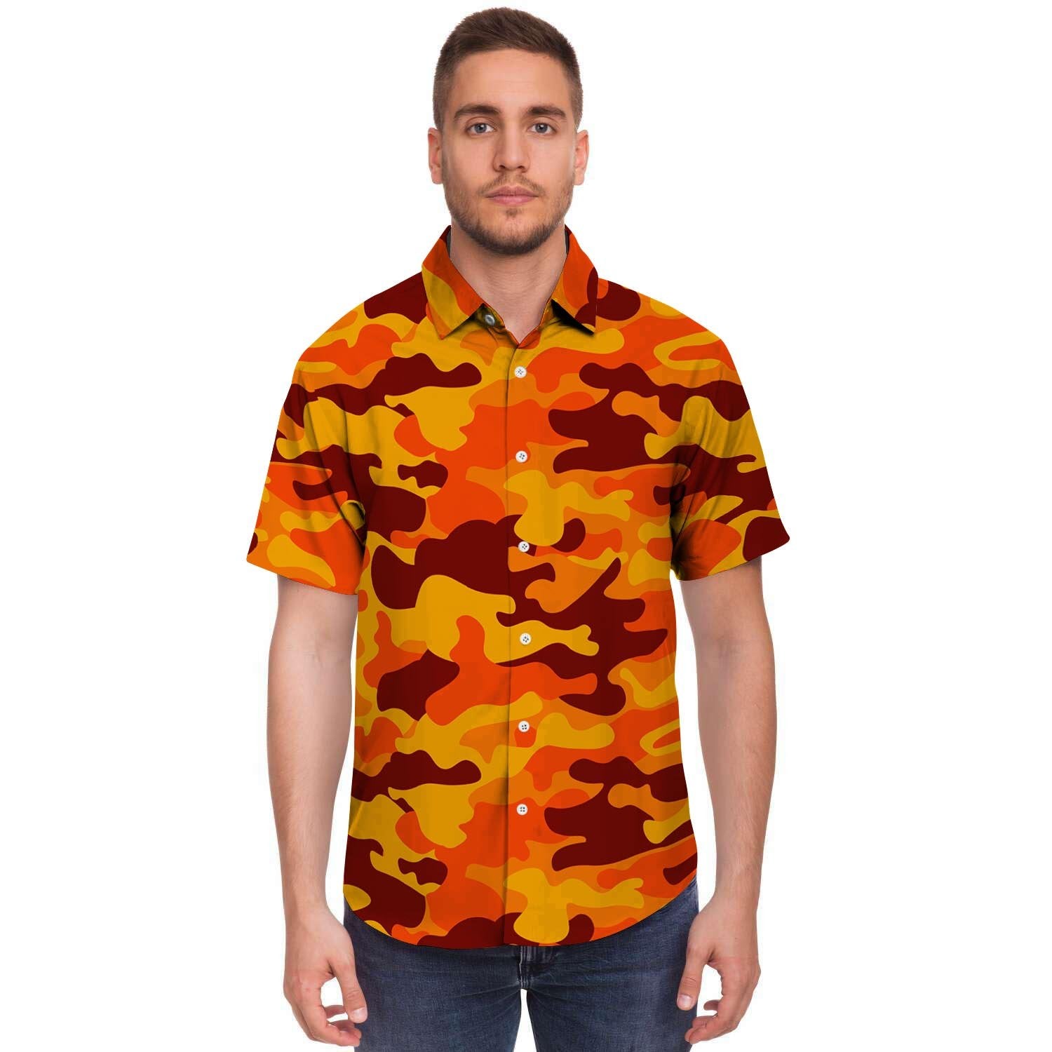 Orange Camo Print Men's Short Sleeve Shirt-grizzshop