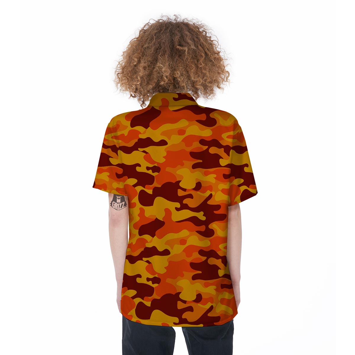 Orange Camo Print Women's Short Sleeve Shirts-grizzshop