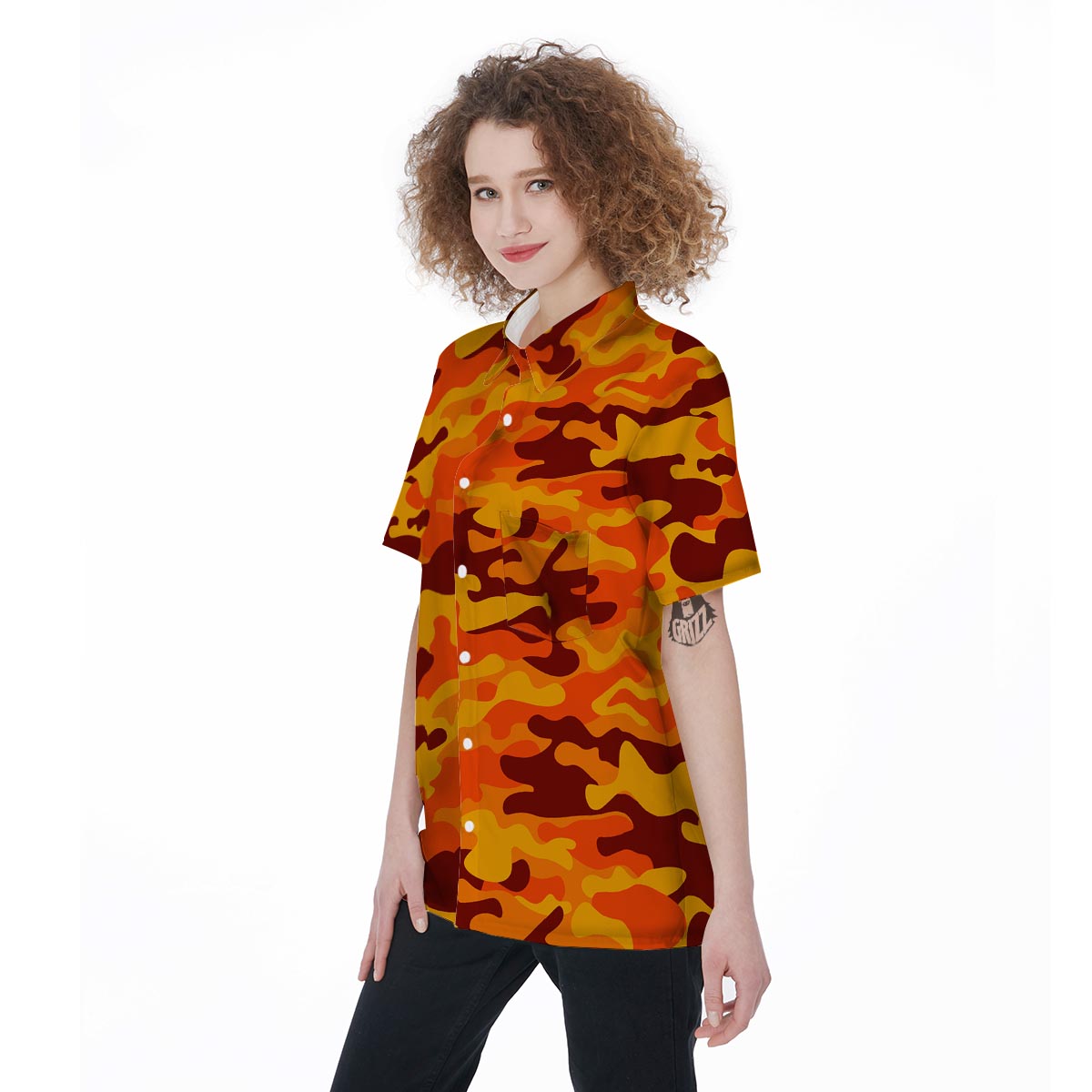 Orange Camo Print Women's Short Sleeve Shirts-grizzshop