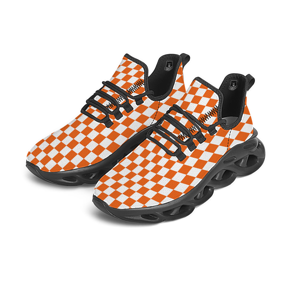 Orange Checkered Flag Print Black Running Shoes-grizzshop