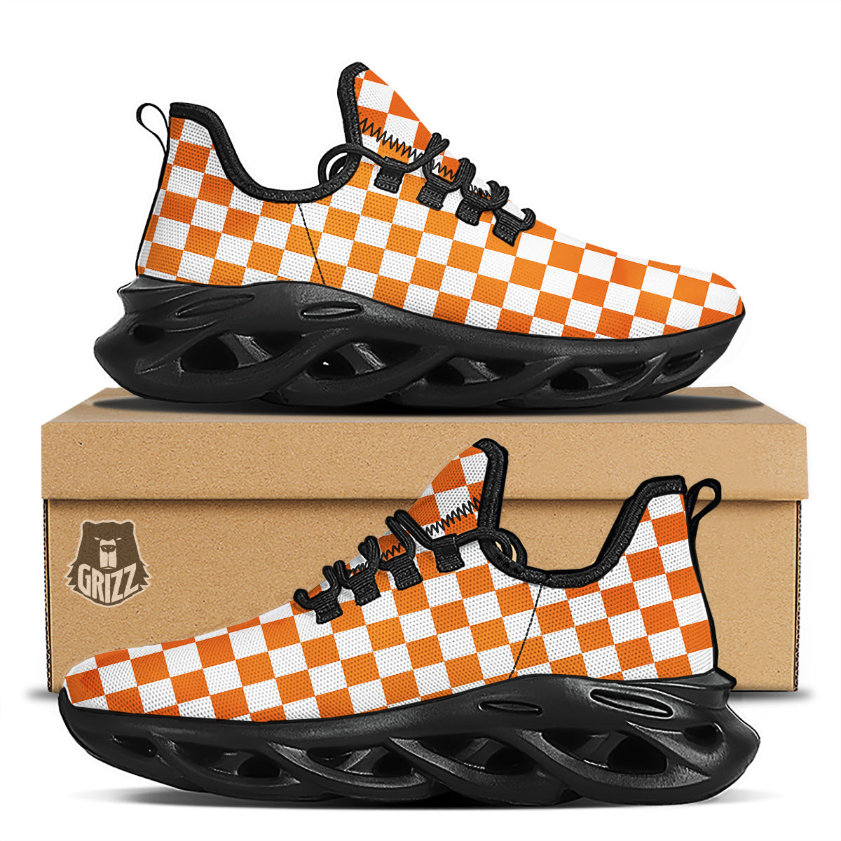 Orange Checkered Flag Print Black Running Shoes-grizzshop