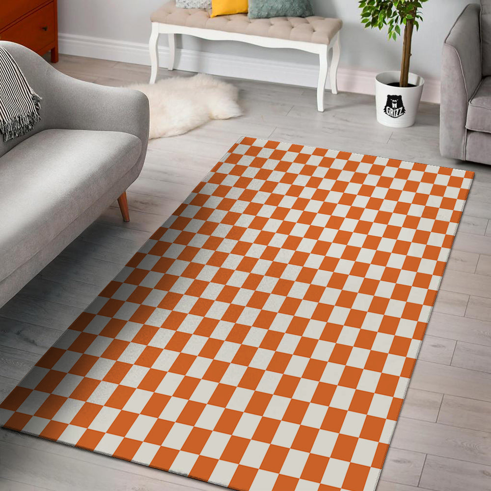Orange Checkered Flag Print Floor Mat-grizzshop