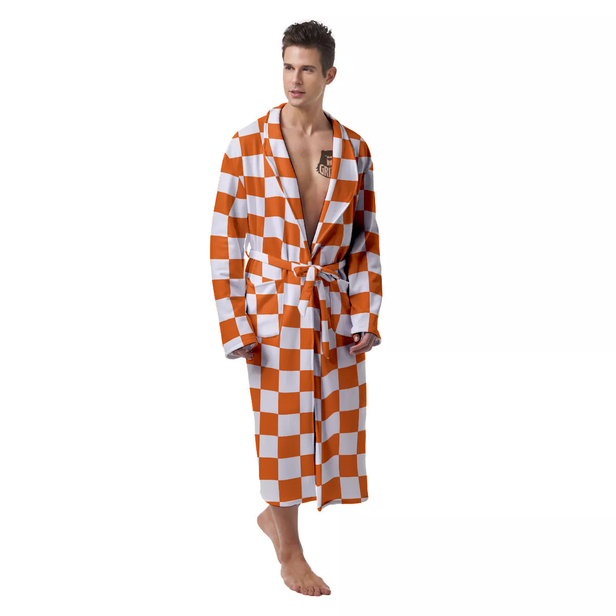 Orange Checkered Flag Print Men's Robe-grizzshop