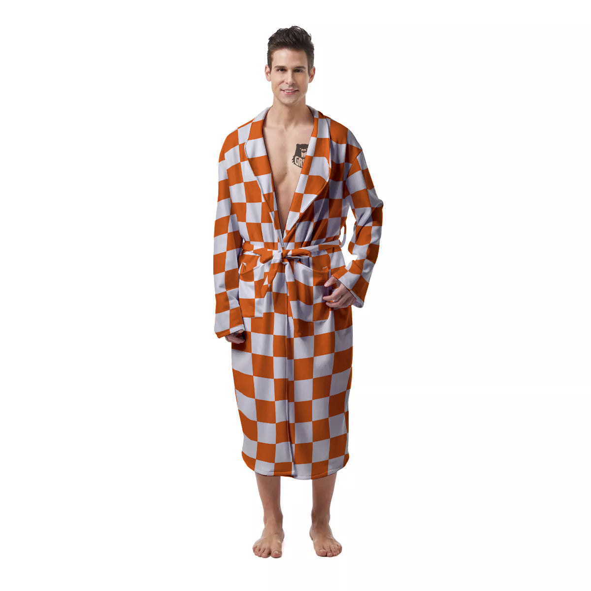 Orange Checkered Flag Print Men's Robe-grizzshop