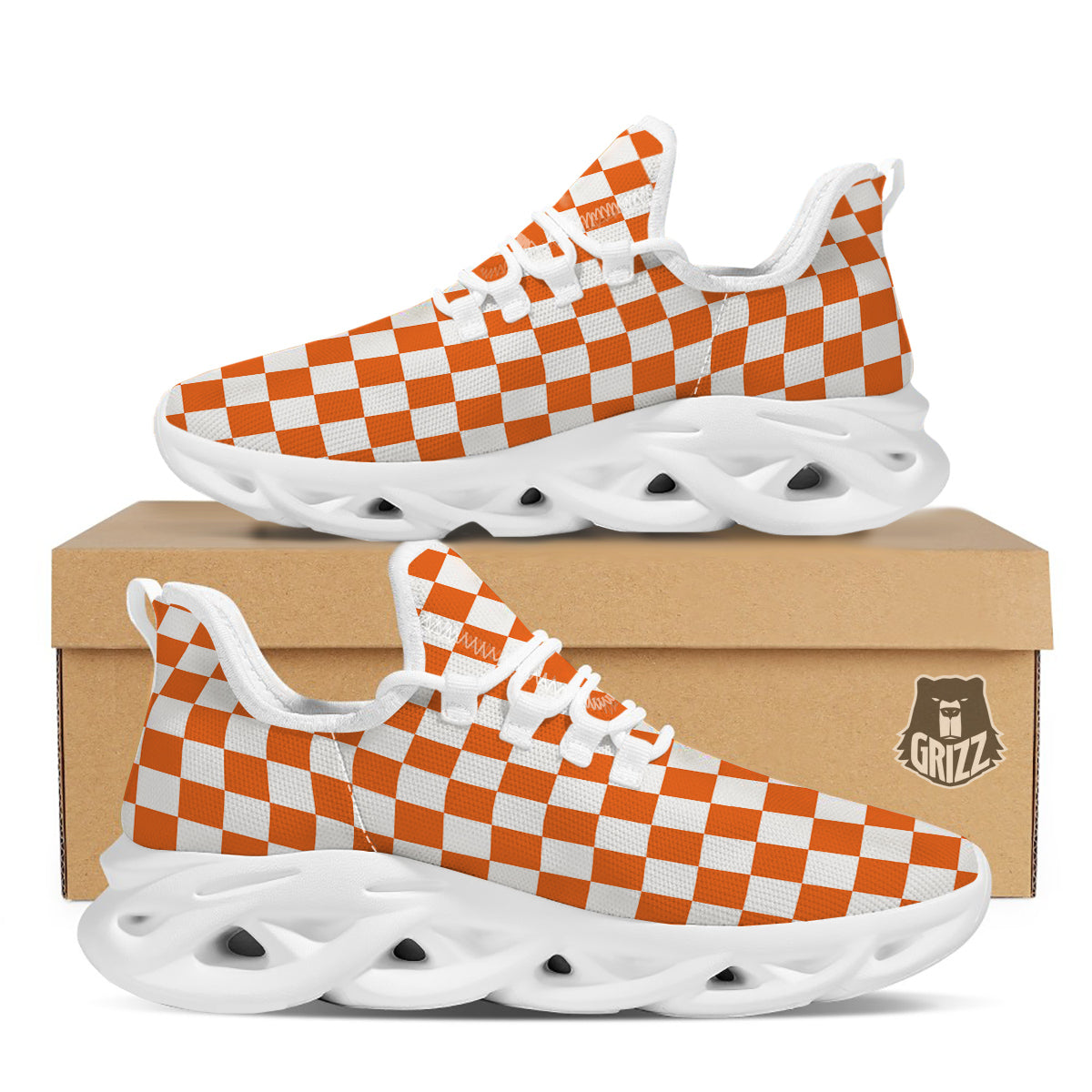 Orange Checkered Flag Print White Running Shoes-grizzshop