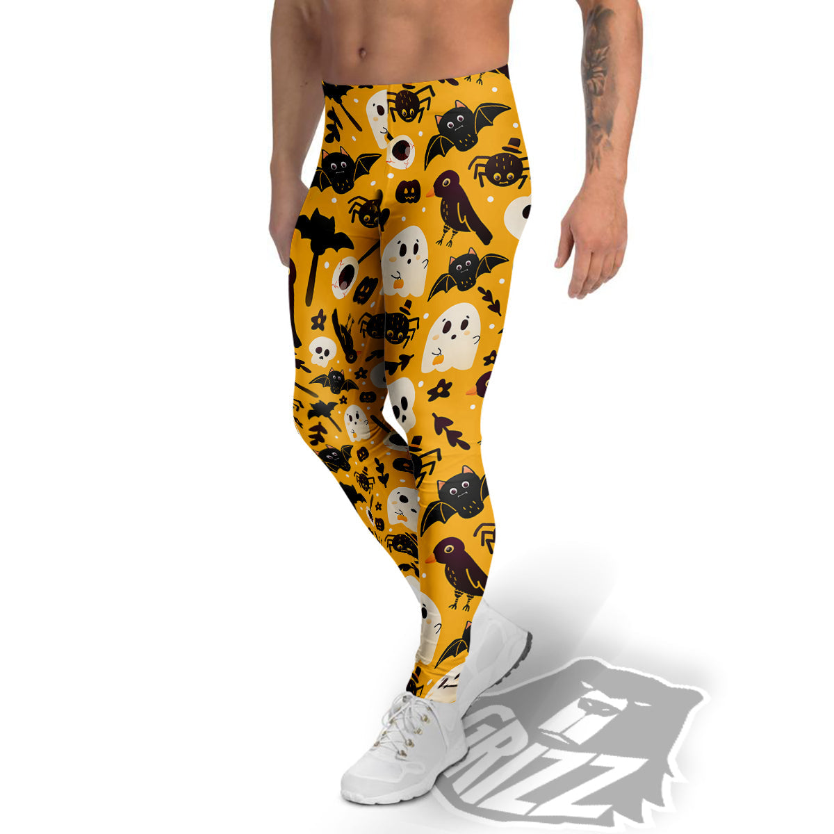 Orange Color Halloween Cute Print Pattern Men's Leggings-grizzshop