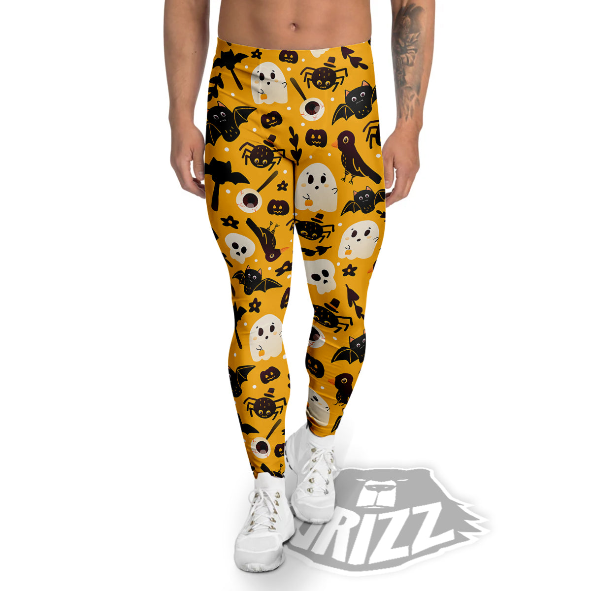 Orange Color Halloween Cute Print Pattern Men's Leggings-grizzshop