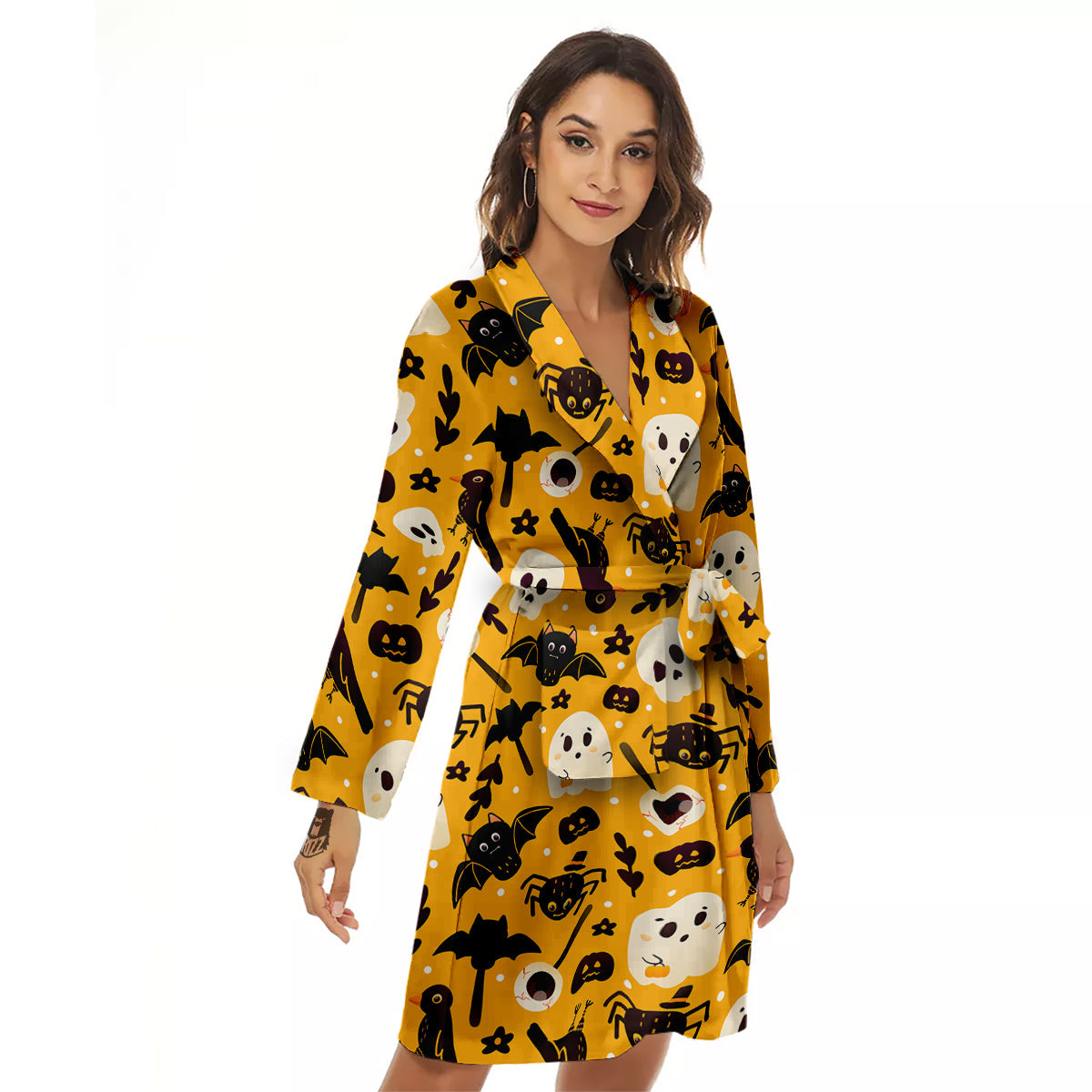 Orange Color Halloween Cute Print Pattern Women's Robe-grizzshop