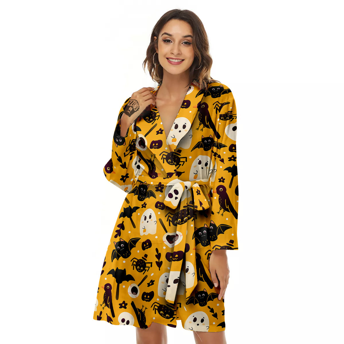Orange Color Halloween Cute Print Pattern Women's Robe-grizzshop