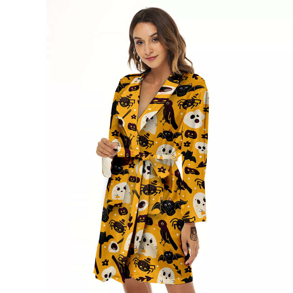 Orange Color Halloween Cute Print Pattern Women's Robe-grizzshop