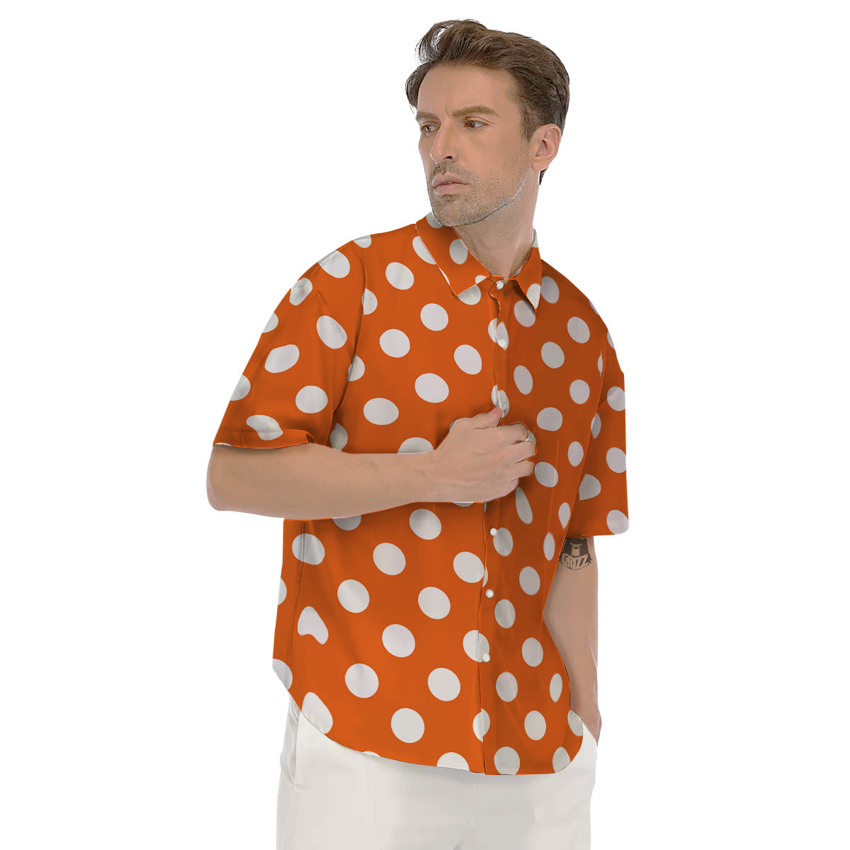 Orange Color Polka Dot Print Pattern Men's Short Sleeve Shirts-grizzshop
