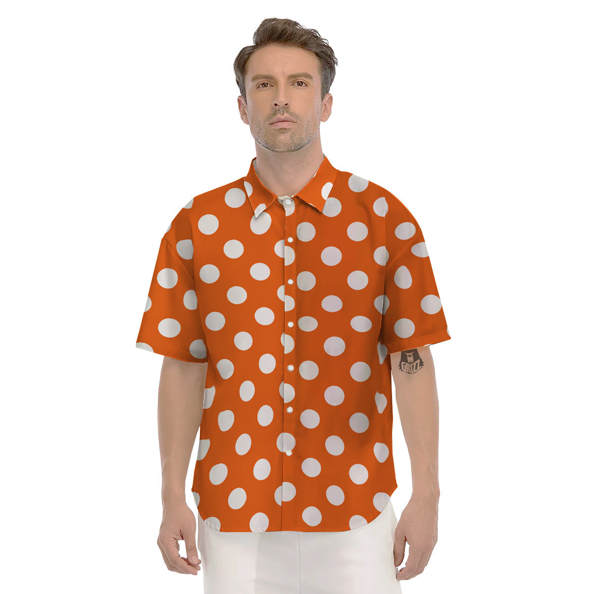 Orange Color Polka Dot Print Pattern Men's Short Sleeve Shirts-grizzshop