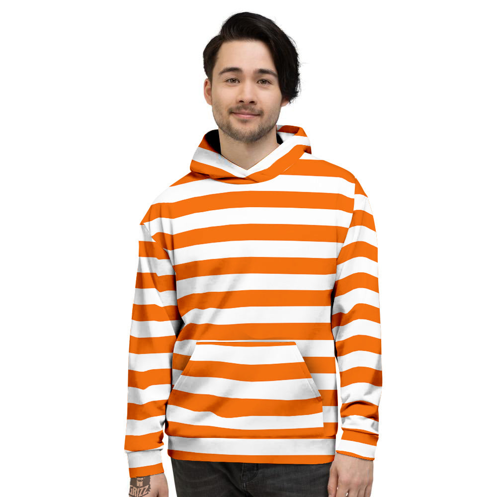 Orange Color Striped Print Men's Hoodie-grizzshop