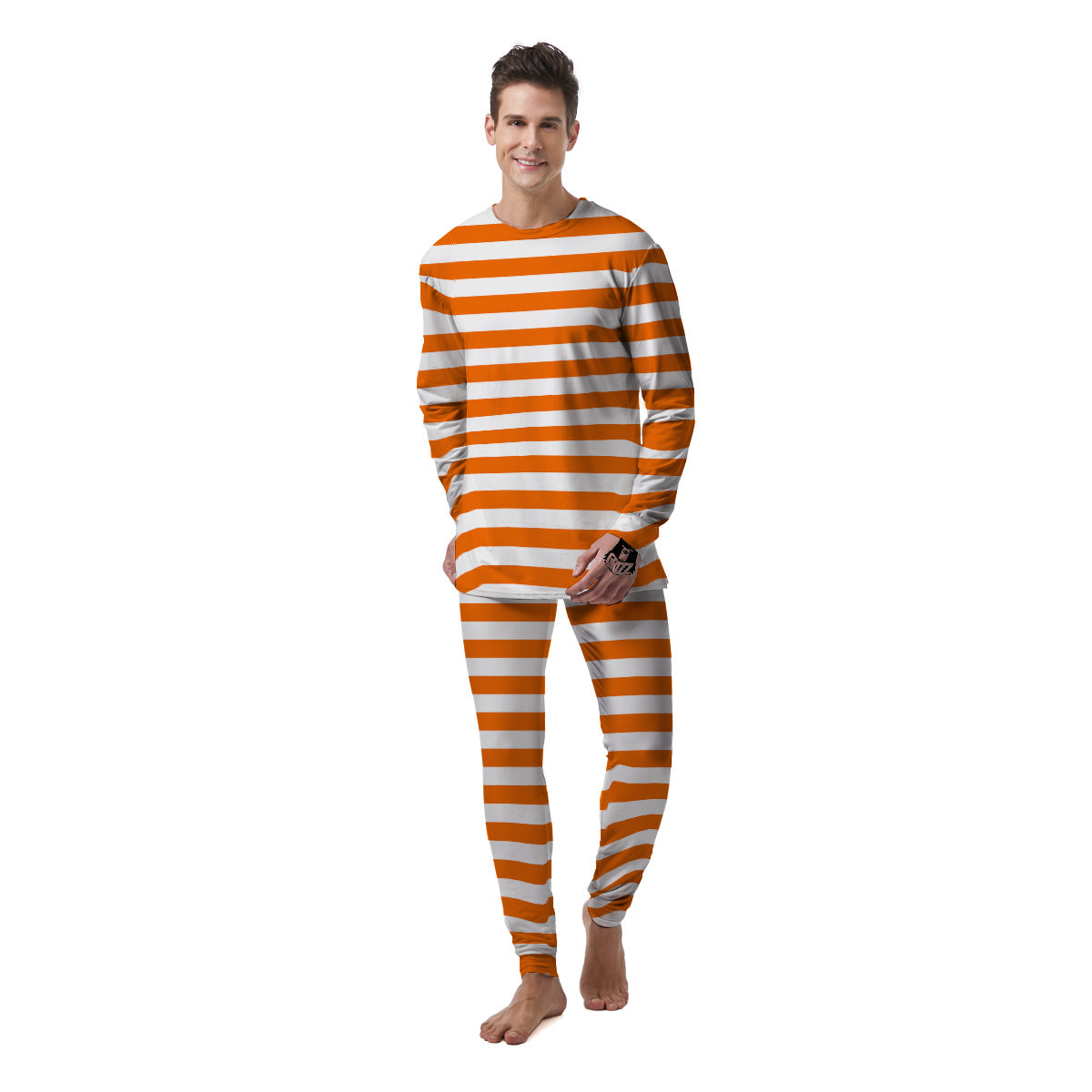 Orange Color Striped Print Men's Pajamas-grizzshop