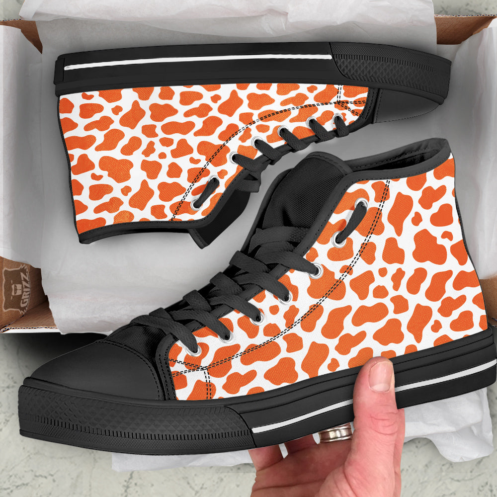 Orange Cow Print Pattern Black High Top Shoes-grizzshop