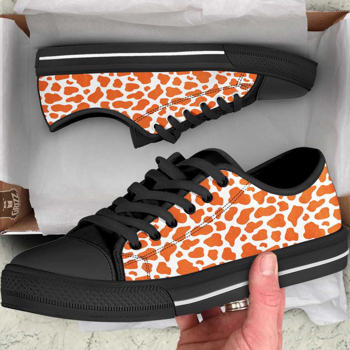 Orange Cow Print Pattern Black Low Top Shoes-grizzshop