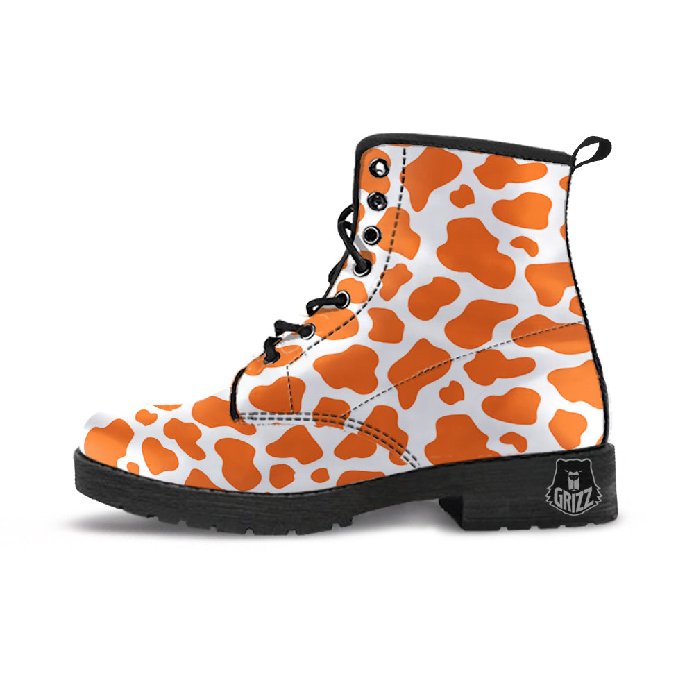 Orange Cow Print Pattern Leather Boots-grizzshop