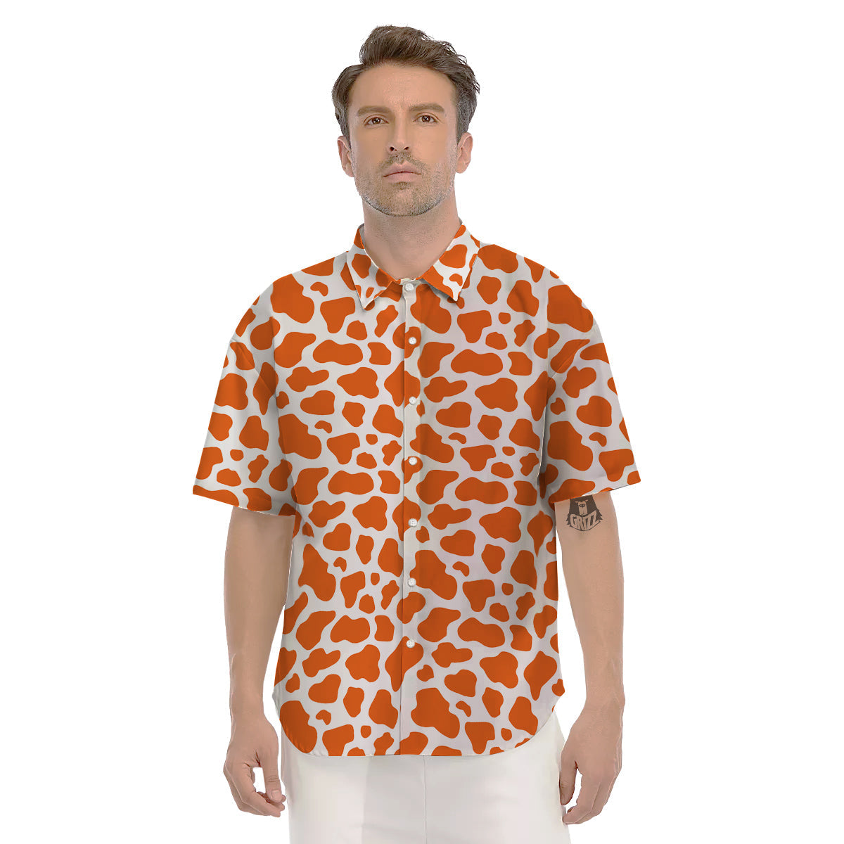 Orange Cow Print Pattern Men's Short Sleeve Shirts-grizzshop