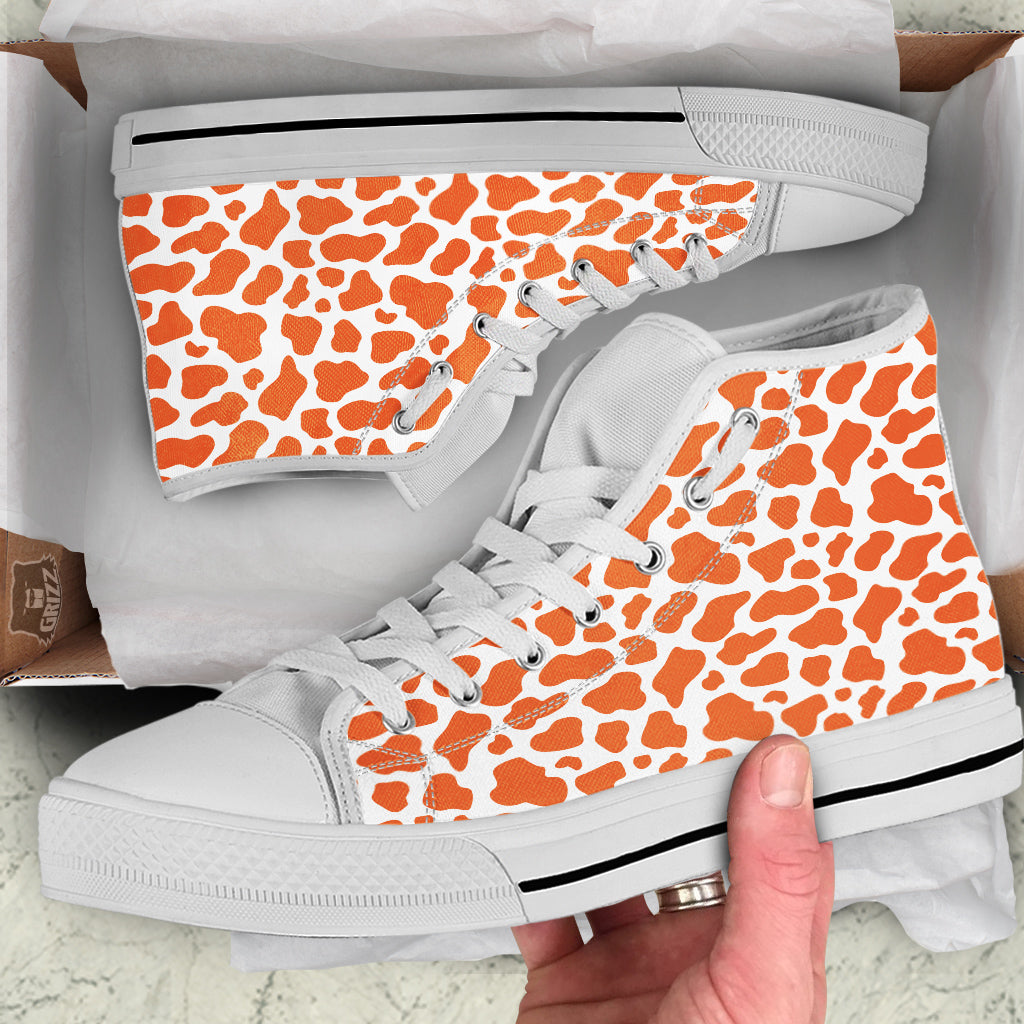 Orange Cow Print Pattern White High Top Shoes-grizzshop
