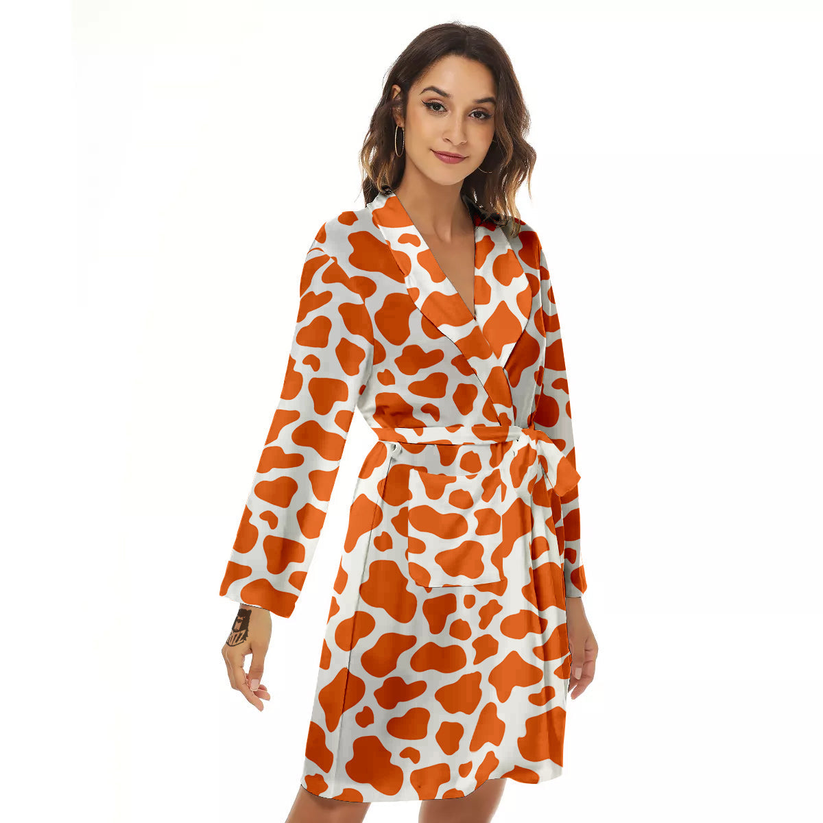 Orange Cow Print Pattern Women's Robe-grizzshop