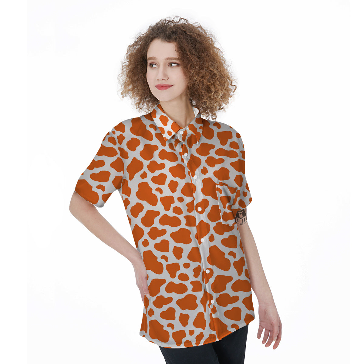 Orange Cow Print Pattern Women's Short Sleeve Shirts-grizzshop