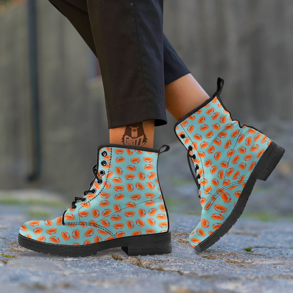 Orange Crab Print Pattern Leather Boots-grizzshop
