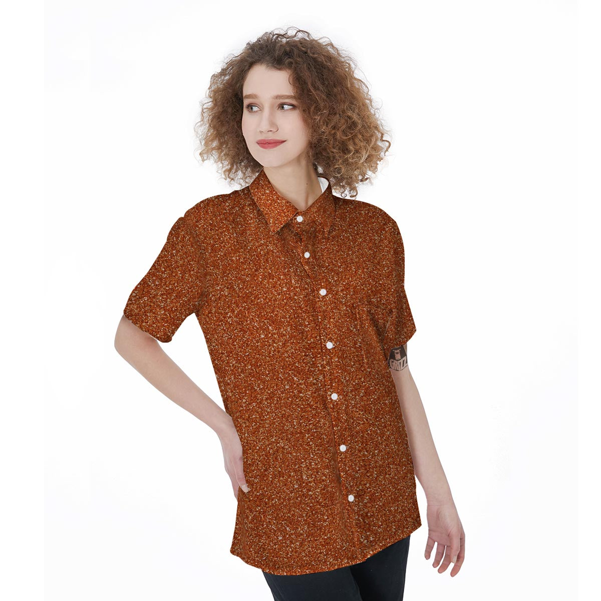 Orange Glitter Texture Print Women's Short Sleeve Shirts-grizzshop