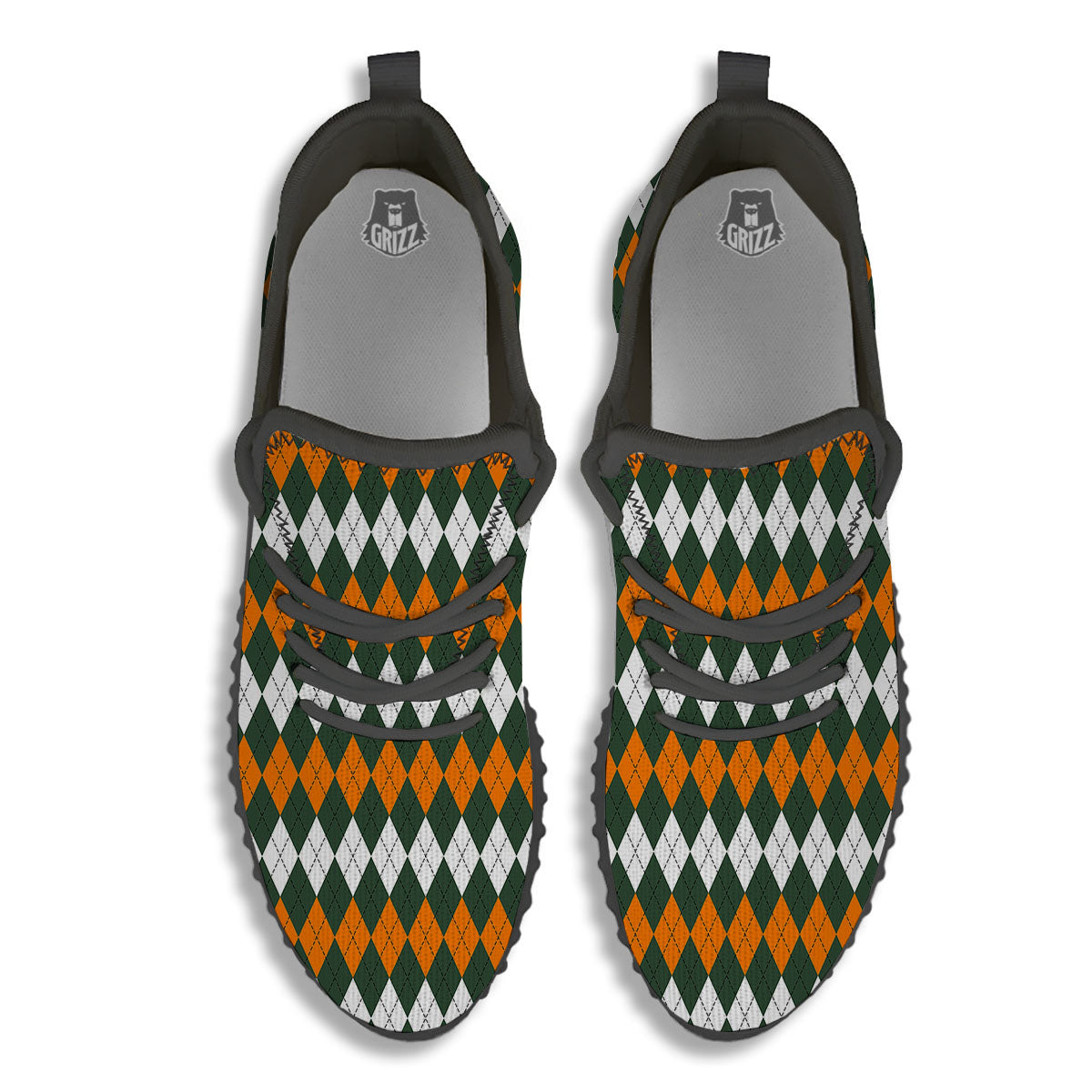 Orange Green And White Argyle Print Black Walking Shoes-grizzshop