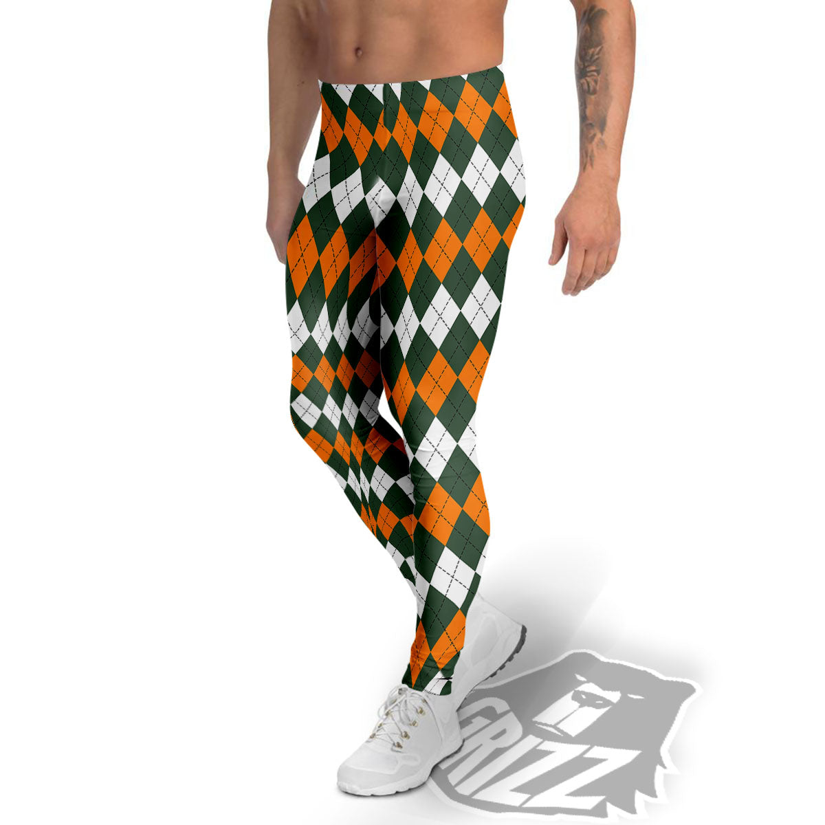 Orange Green And White Argyle Print Men's Leggings-grizzshop