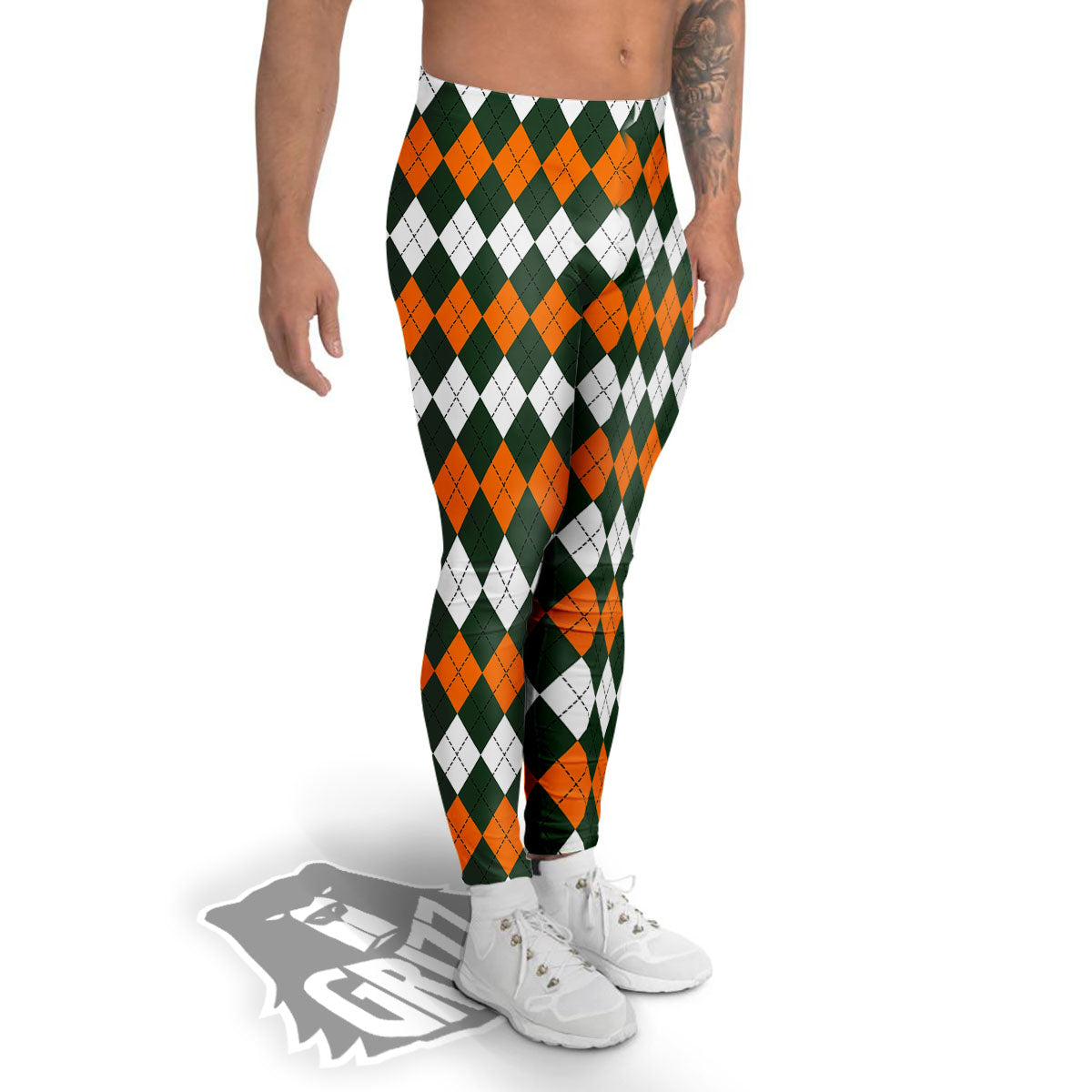 Orange Green And White Argyle Print Men's Leggings-grizzshop