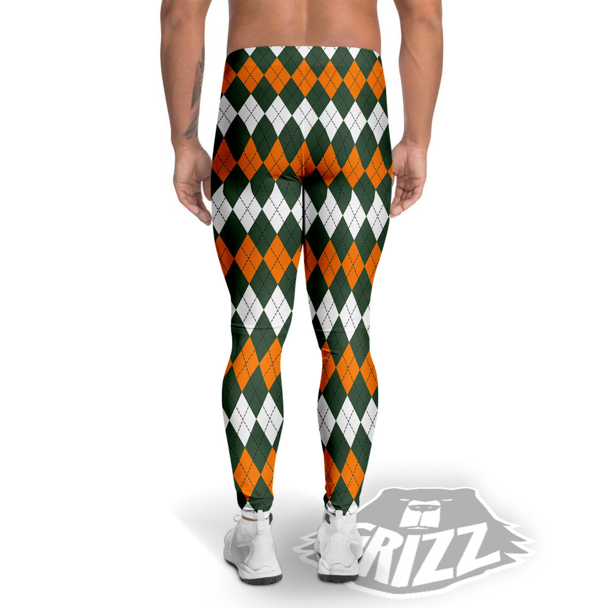Orange Green And White Argyle Print Men's Leggings-grizzshop
