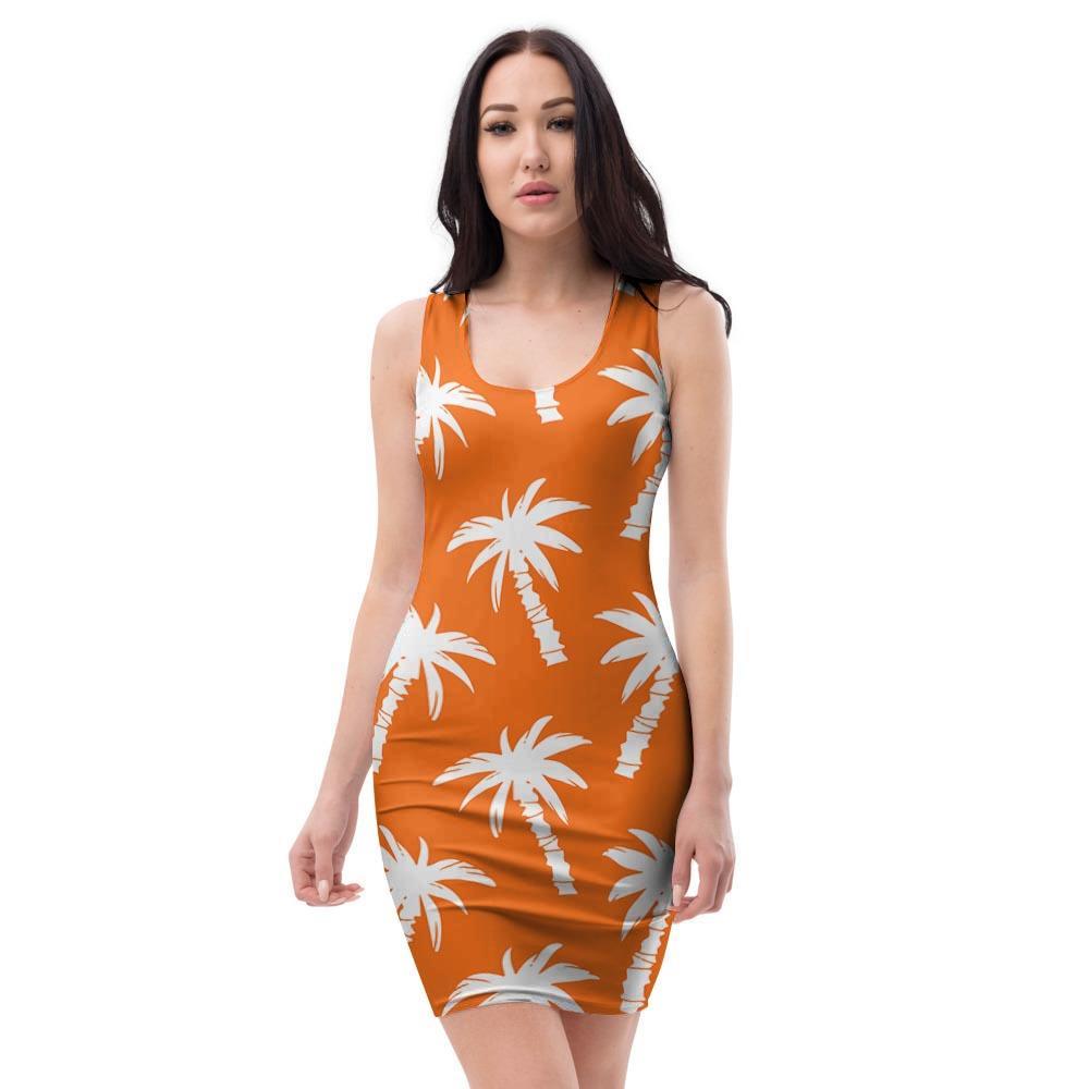 Orange Hawaiian Palm Tree Print Bodycon Dress-grizzshop