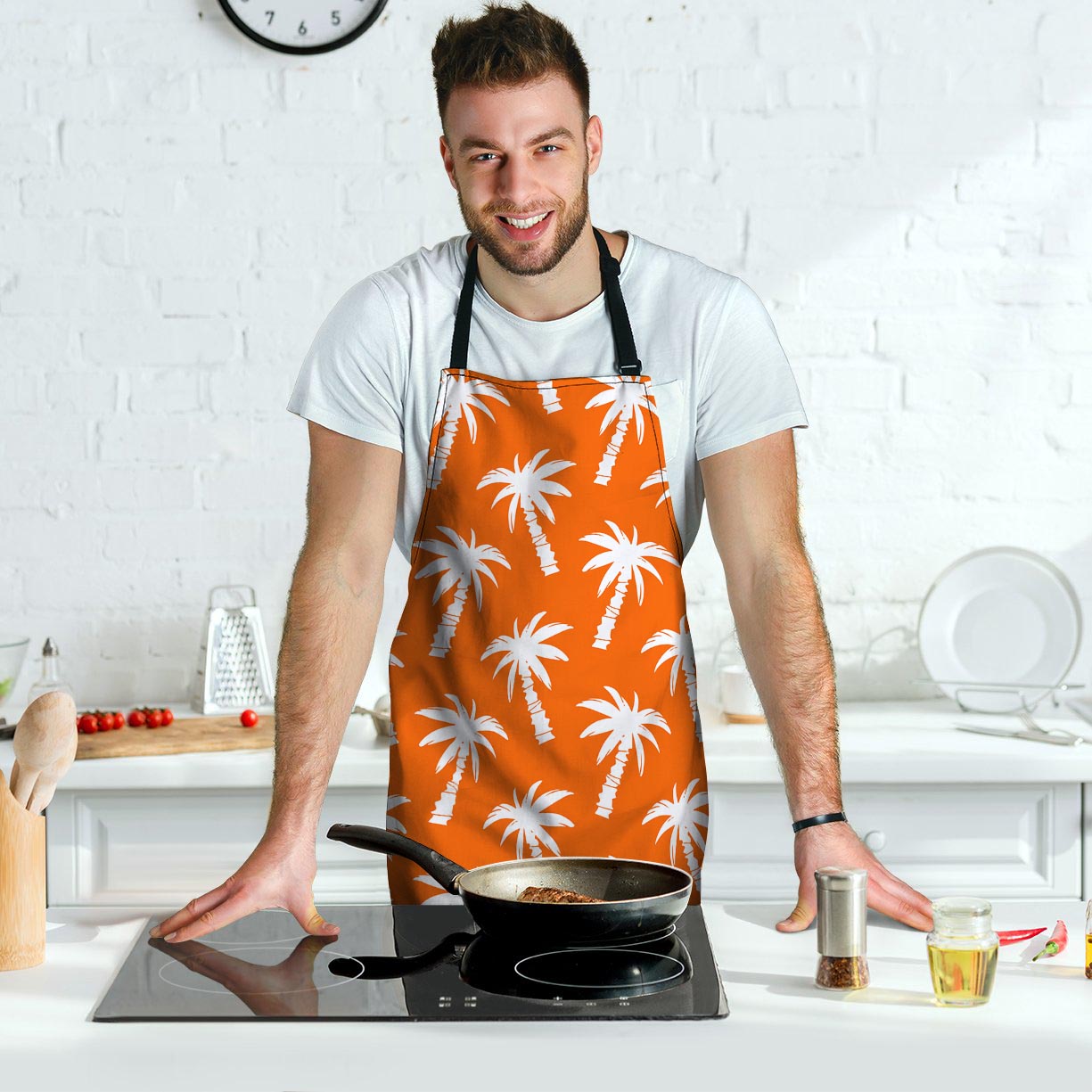 Orange Hawaiian Palm Tree Print Men's Apron-grizzshop