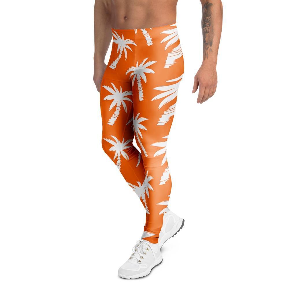 Orange Hawaiian Palm Tree Print Men's Leggings-grizzshop