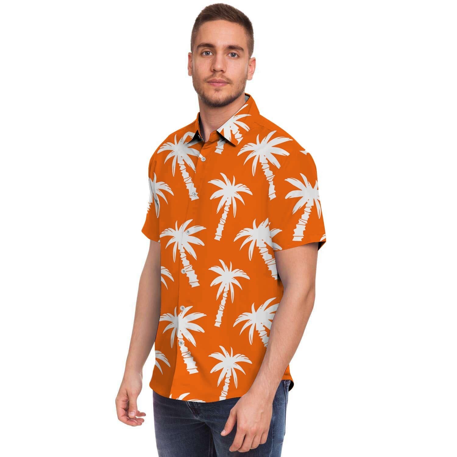 Orange Hawaiian Palm Tree Print Men's Short Sleeve Shirt-grizzshop