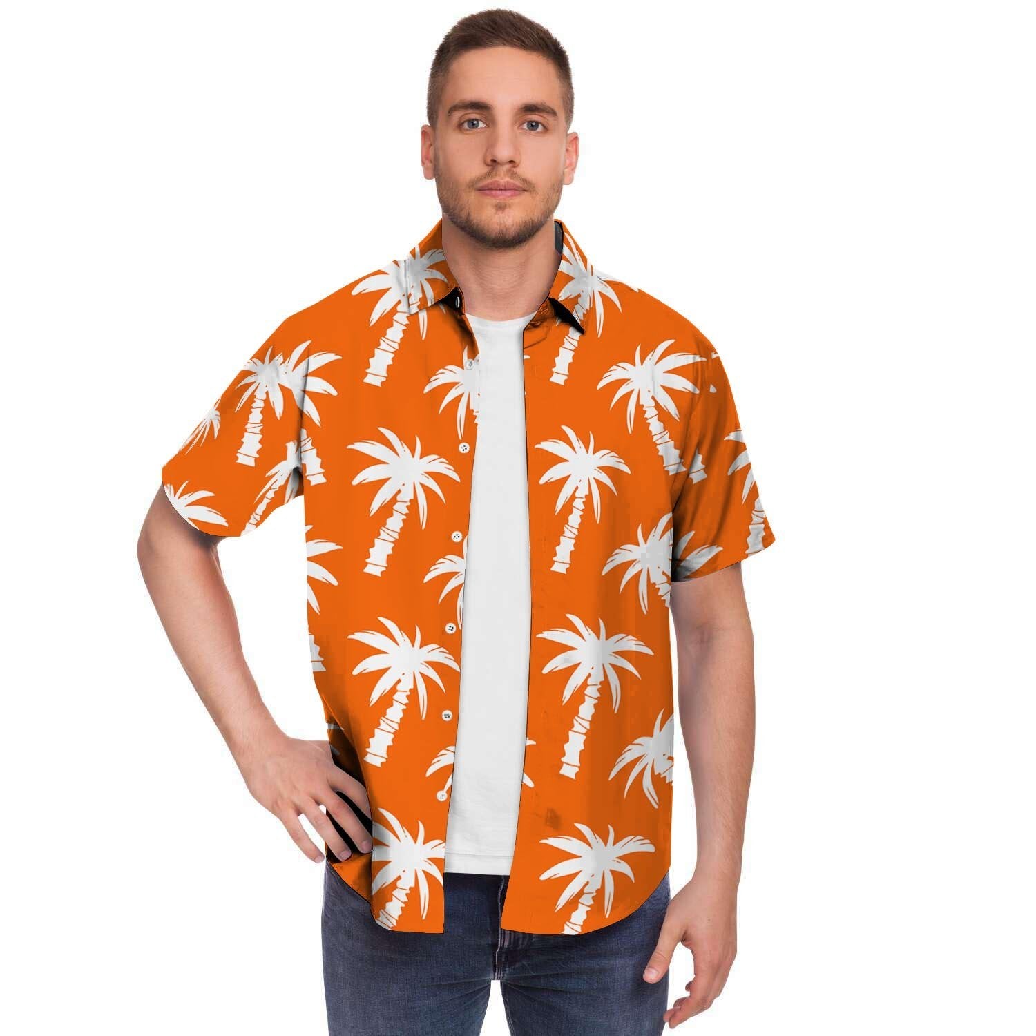 Orange Hawaiian Palm Tree Print Men's Short Sleeve Shirt-grizzshop