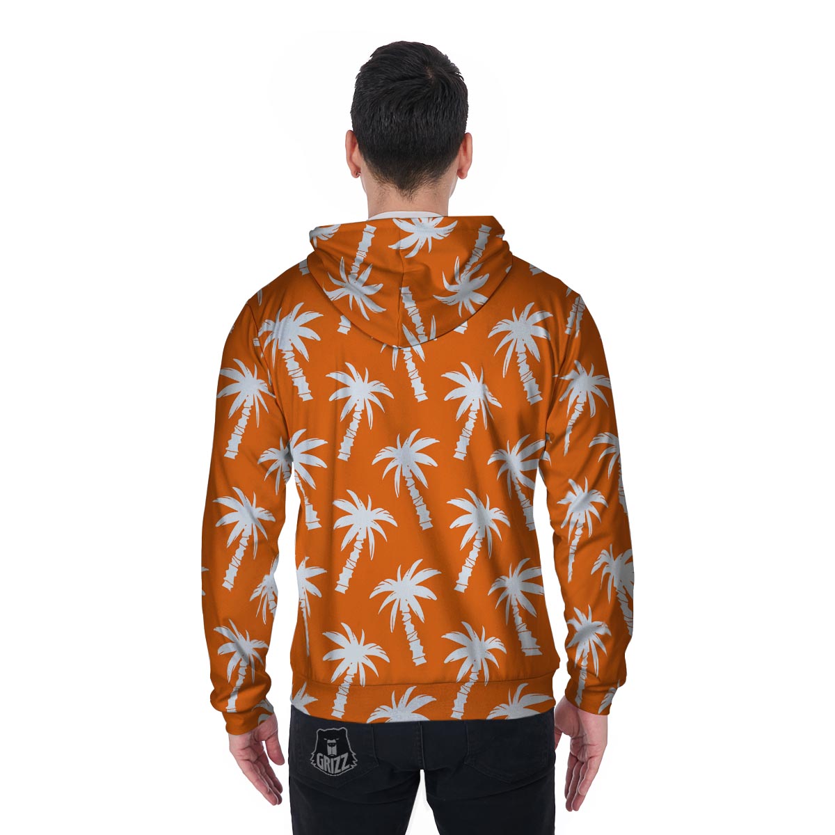 Orange Hawaiian Palm Tree Print Men's Zip Up Hoodie-grizzshop