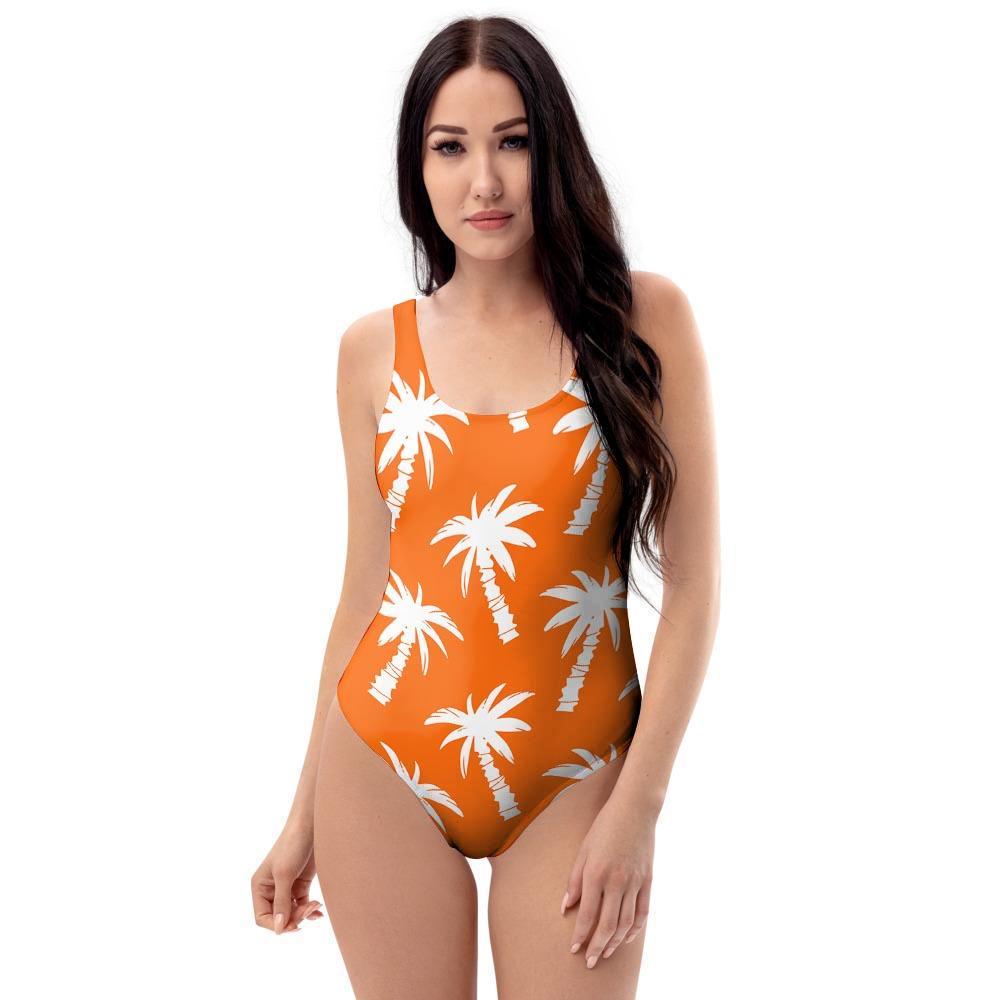 Orange Hawaiian Palm Tree Print One Piece Swimsuite-grizzshop