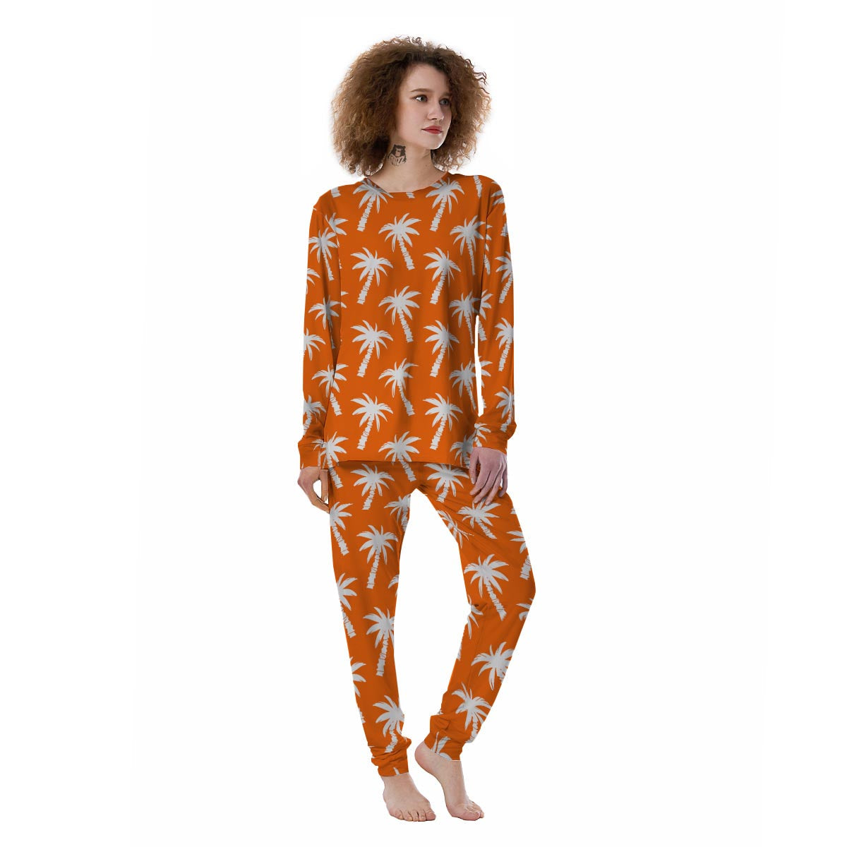 Orange Hawaiian Palm Tree Print Women's Pajamas-grizzshop