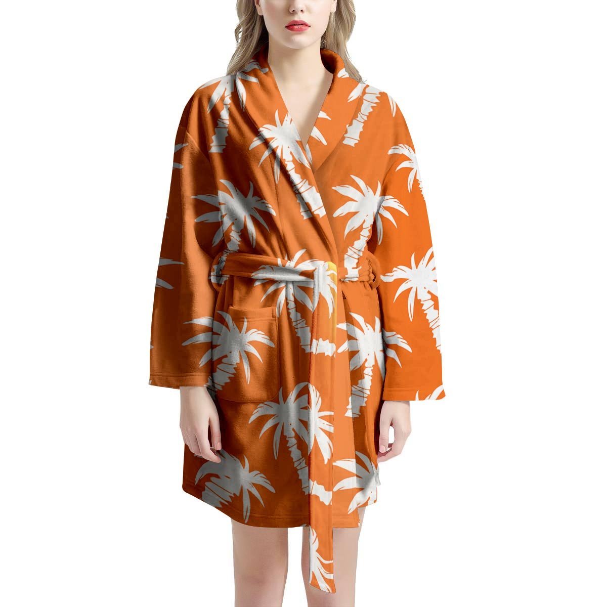 Orange Hawaiian Palm Tree Print Women's Robe-grizzshop