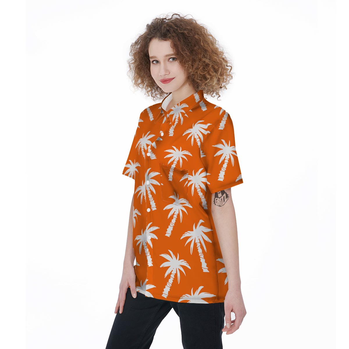 Orange Hawaiian Palm Tree Print Women's Short Sleeve Shirts-grizzshop