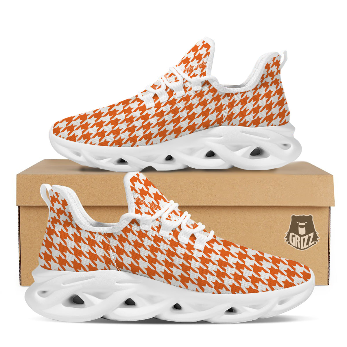 Orange Houndstooth Print White Running Shoes-grizzshop