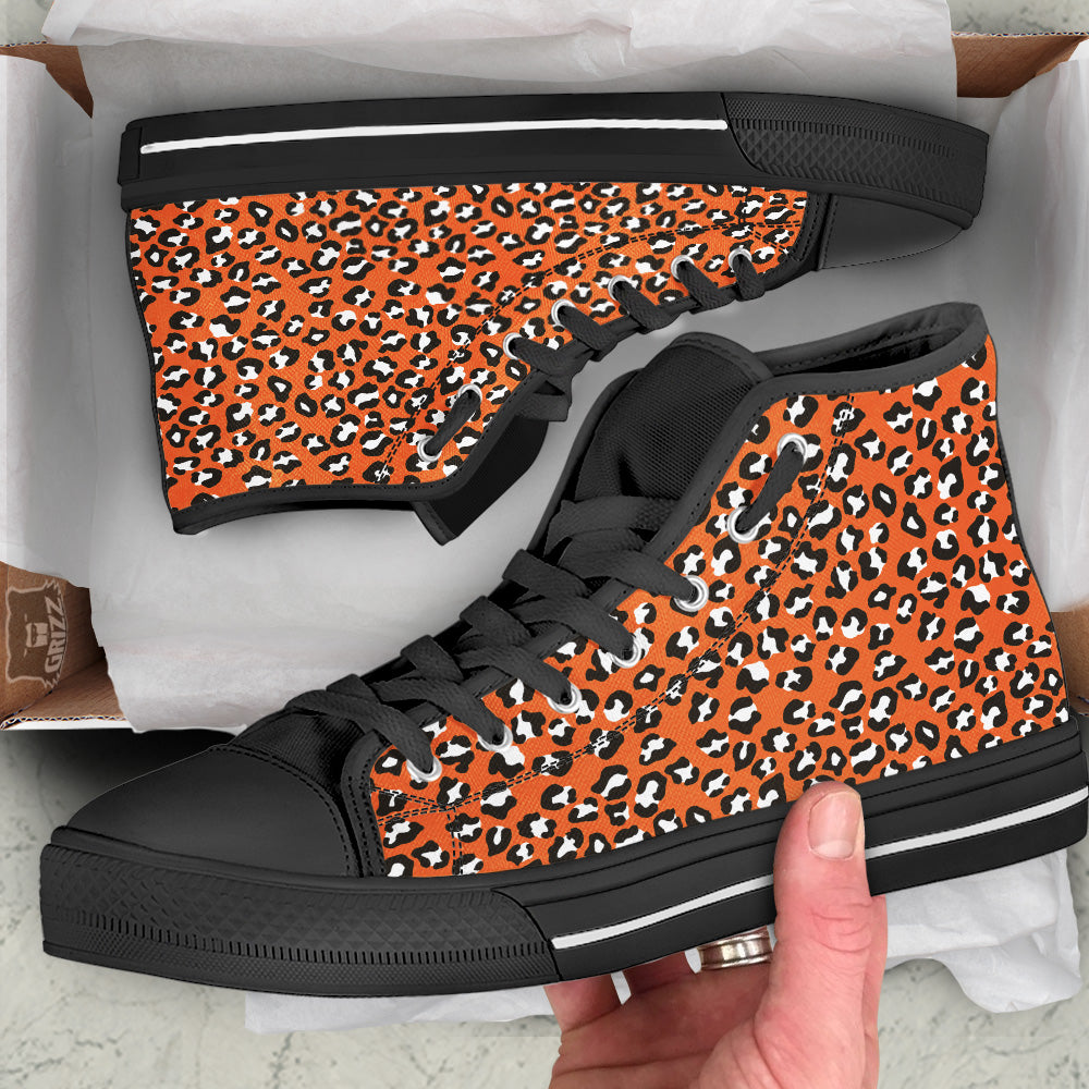 Orange Leopard Print Pattern Black High Top Shoes-grizzshop