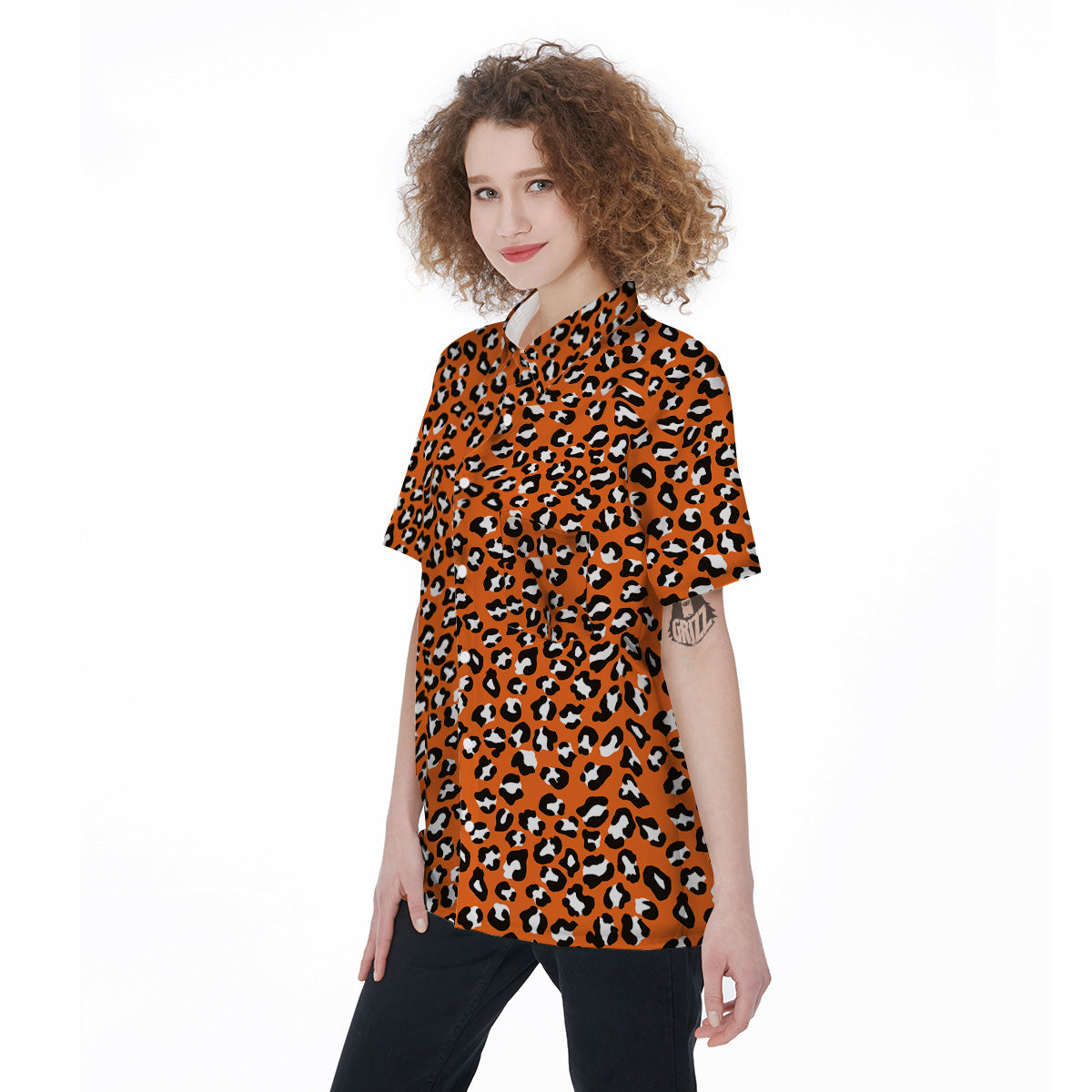 Orange Leopard Print Pattern Women's Short Sleeve Shirts-grizzshop