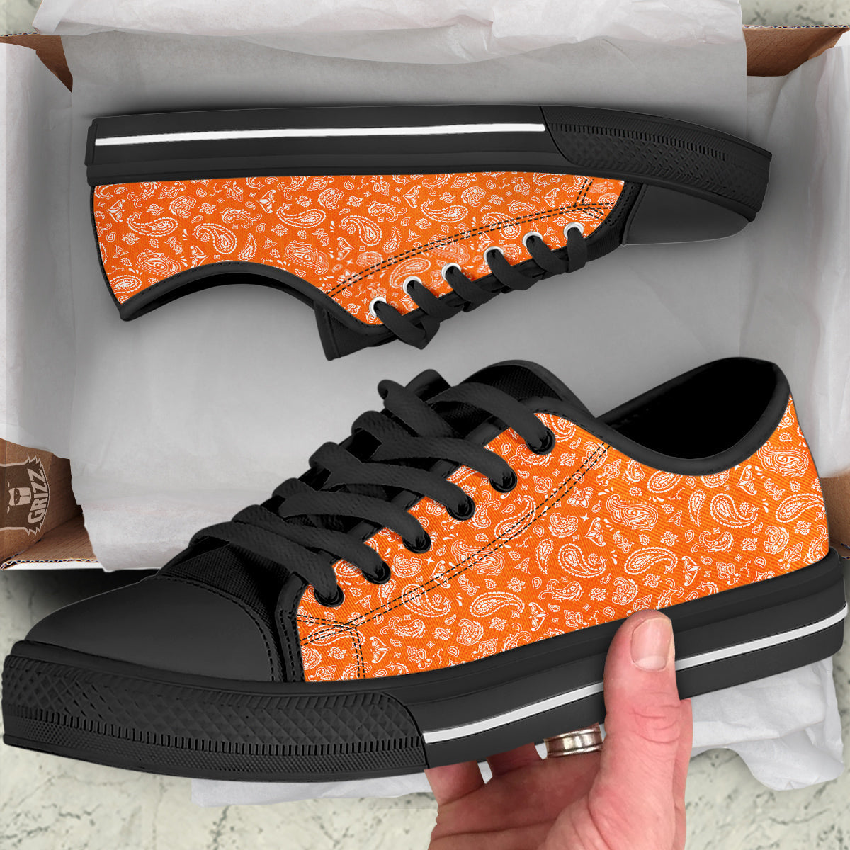 Orange Paisley Bandana Print Black Low Top Shoes-grizzshop